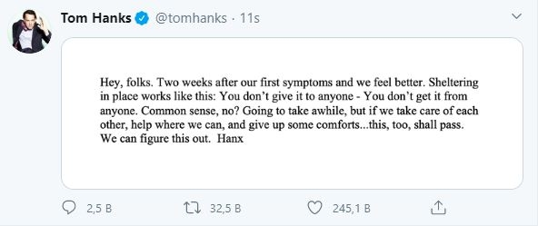 Tom Hanks je ozdravil