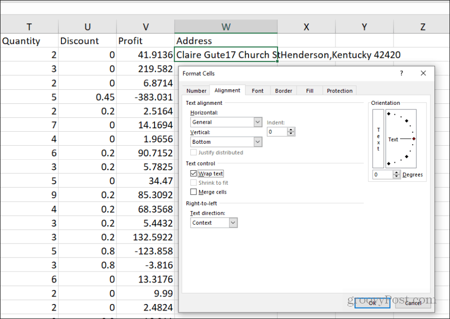 nastavitev zavijanja besedila v Excelu