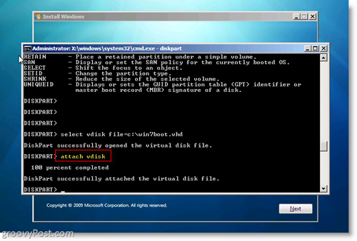 Windows 7 Native VHD Namestite dvojno zagonsko prilogo VHD iz CMD poziva