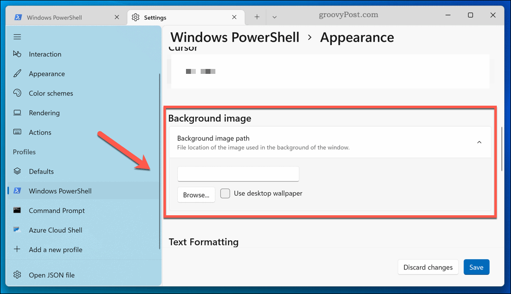 Uporaba novega ozadja za terminalsko aplikacijo Windows 11