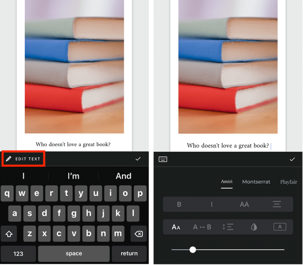 Ustvarite zgodbo Unfold Instagram, korak 5, ki prikazuje možnosti urejanja besedila.