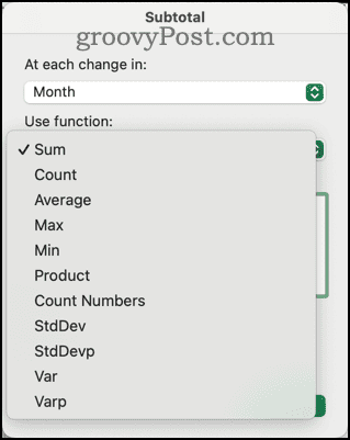 Različne funkcije, ki so na voljo v pogovornem oknu za vmesni seštevek v Excelu