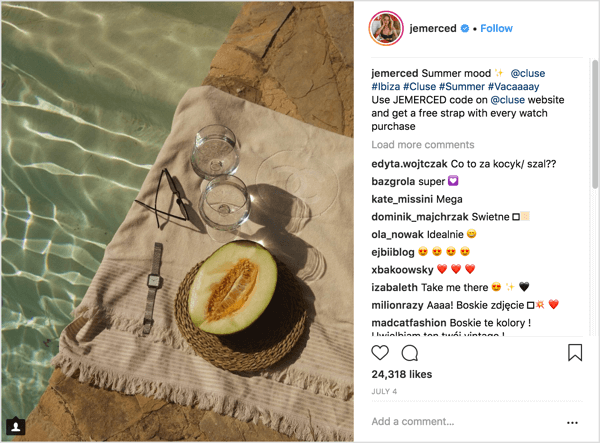 Primer objave marketinške kampanje Instagram influencer z edinstveno kodo ponudbe