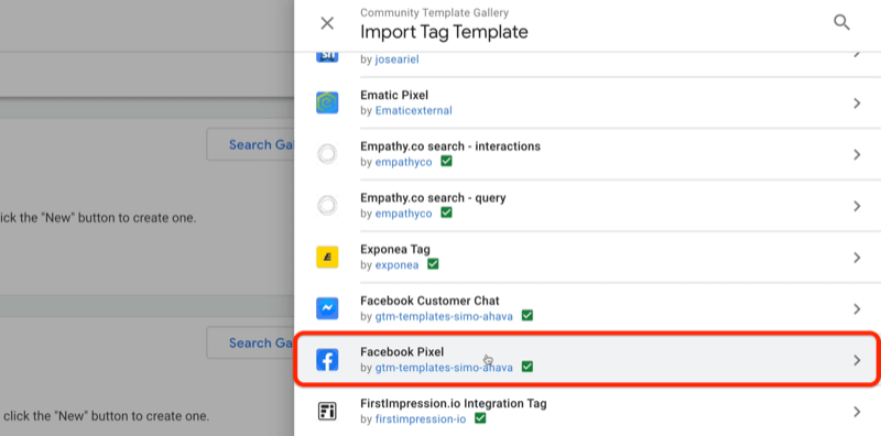google tag manager skupnost galerija predlog uvoz menija predlogov oznak s primeri predlog ematic pixel, exponea tag, facebook client chat, med drugim s poudarjenim facebook pixel