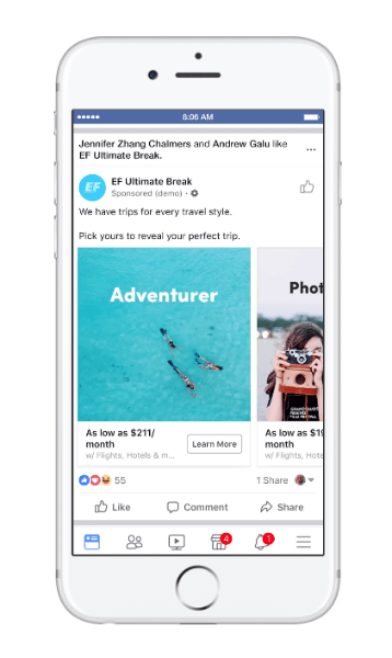 Facebook je predstavil novo vrsto dinamičnega oglasa za potovanja, ki se imenuje »razmišljanje o potovanju«.