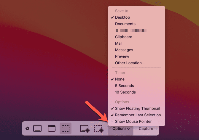 Možnosti vrstice posnetkov zaslona Mac