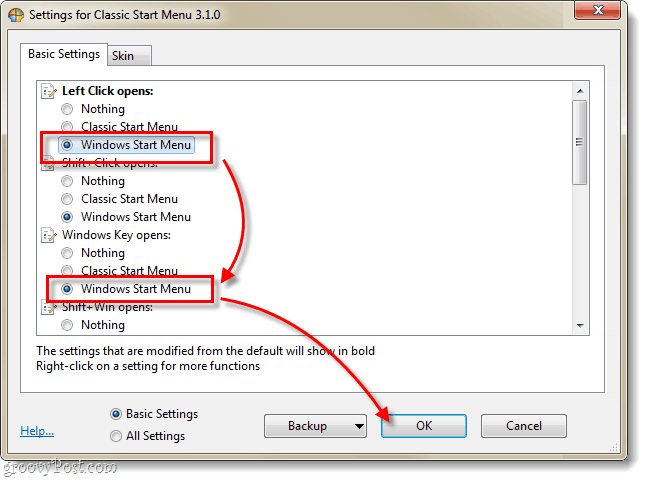 klasična lupina, nastavitve menija v programu Windows