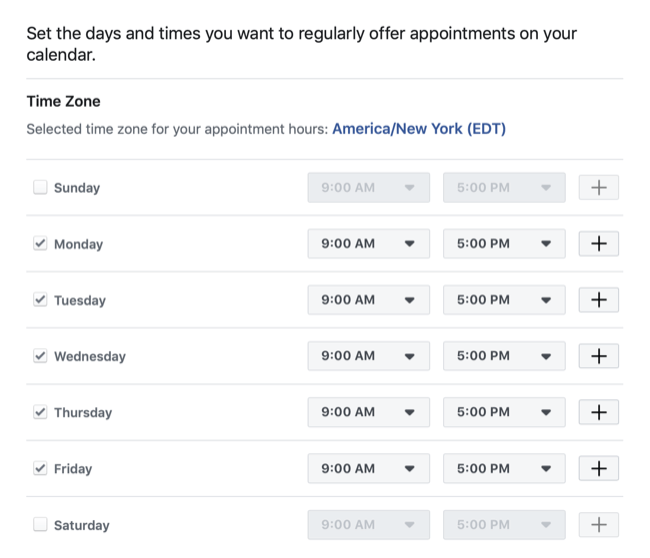 nastavite datume in ure, ki so na voljo za rezervacijo termina s Facebook stranjo
