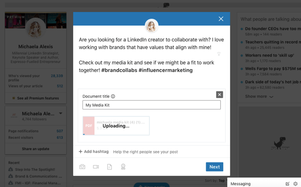 Objava za izmenjavo dokumentov LinkedIn, naložite dokument v 2. korak, dodajte naslov, besedilo in oznake hashtags