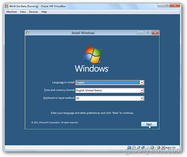 Meni za namestitev sistema VirtualBox Windows 8