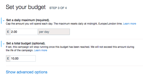 Nastavite proračun vašega oglasa za Twitter.