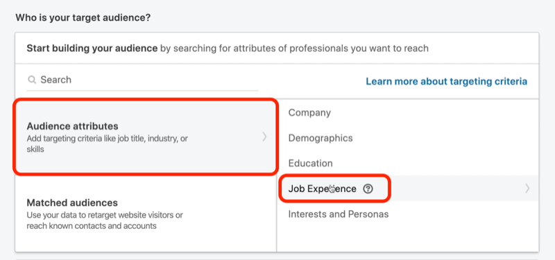 posnetek zaslona Kdo je vaša publika? v nastavitvah oglaševalske akcije LinkedIn
