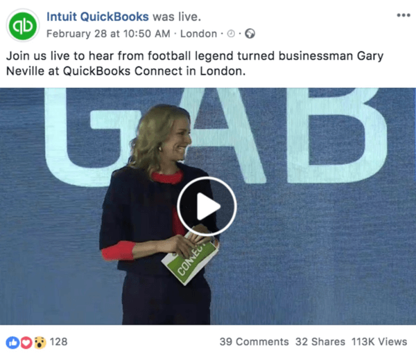 Primer objave na Facebooku, ki napoveduje prihajajoči videoposnetek v živo podjetja Intuit Quickooks.