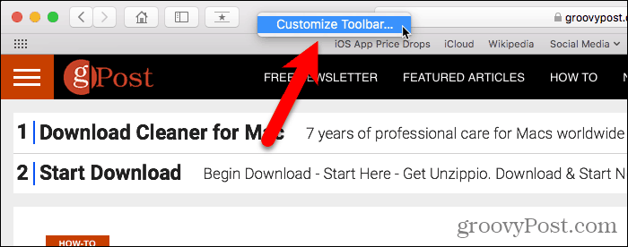 Izberite Prilagodi orodno vrstico v Safari za Mac