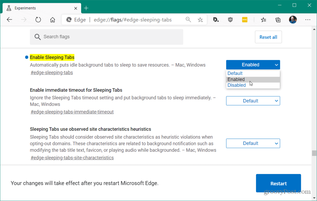 Kako omogočiti spalne zavihke v programu Microsoft Edge