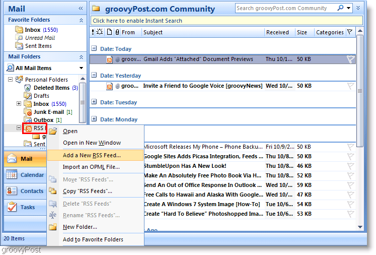 Posnetek zaslona Microsoft Outlook 2007 Dodajte nov vir RSS