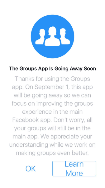 Facebook bo po 1. septembru 2017 ukinil aplikacijo Skupine za iOS in Android.