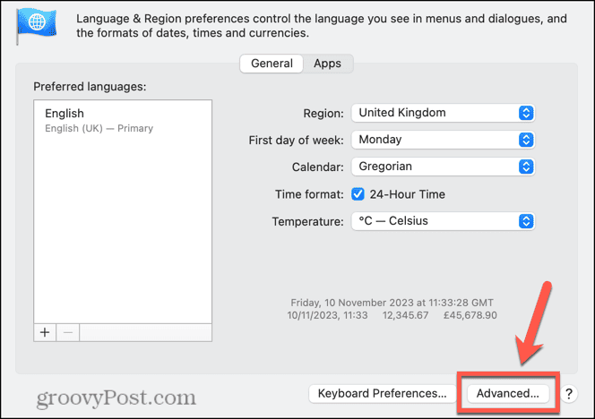 mac napredne nastavitve jezika in regije