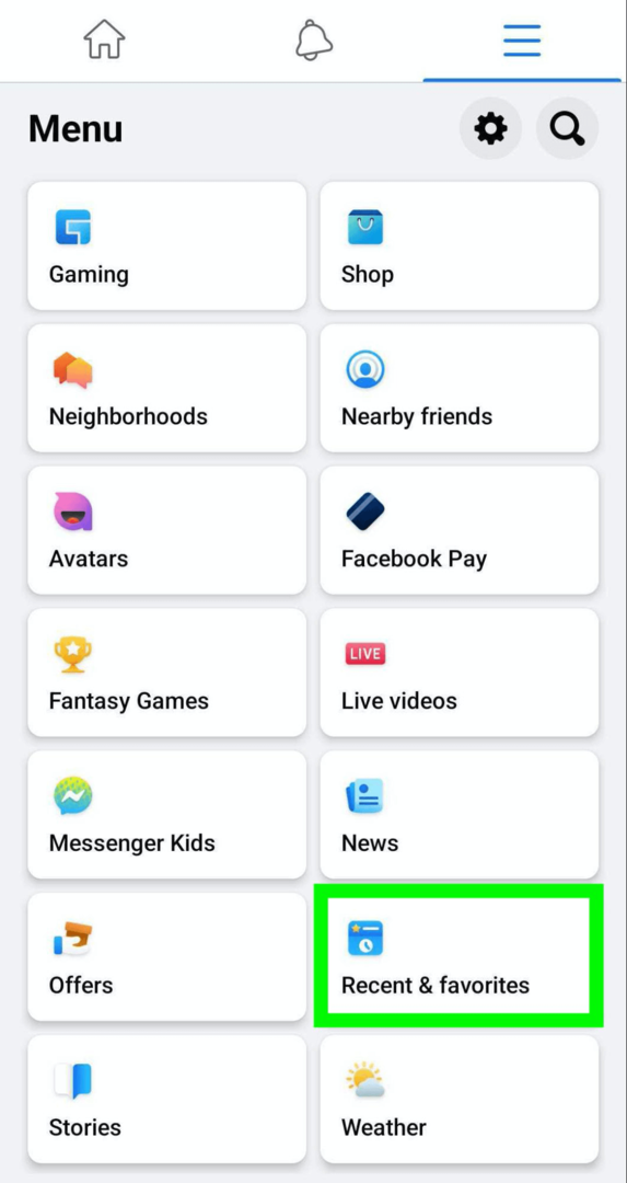 slika menija Facebook, ki prikazuje možnost Nedavni in priljubljeni