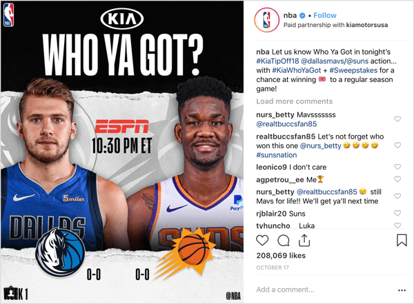 NBA se je skupaj s sponzorjem Kia Motors na začetku sezone na Instagramu razdelil vstopnice za igro.