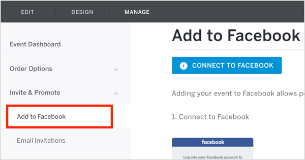 Na zavihku Upravljanje Eventbrite kliknite Povabi in promoviraj in v spustnem meniju izberite Dodaj v Facebook.