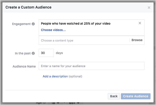 Facebook občinstvo po meri na podlagi ogledov videoposnetkov v 30 dneh.