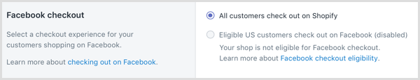 V Shopify izberite izkušnjo nakupa za vaše stranke, ki kupujejo na Facebooku.
