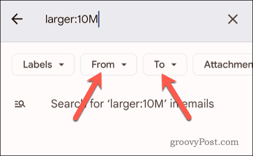 Nastavitev dodatnih iskalnih kriterijev za iskanje v Gmailu v mobilni napravi