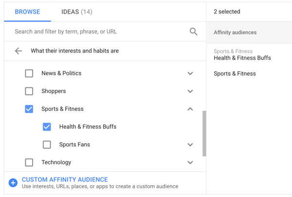 Kako nastaviti oglaševalsko akcijo YouTube, 20. korak, nastavite možnosti ciljanja na afiniteto