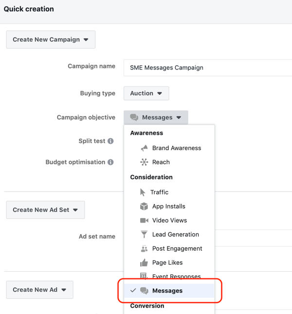 Kako ciljati na tople potencialne stranke z oglasi Facebook Messenger, korak 2, sporočila kot cilj kampanje