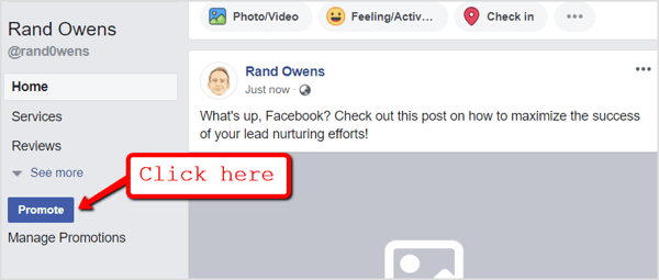 Pojdite na svojo Facebook stran in pod navigacijskimi zavihki kliknite gumb Promote.
