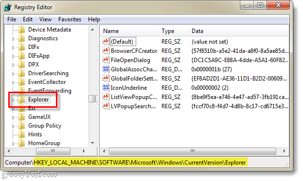 v registru Windows 7 poiščite registrski ključ, ki se nanaša na trenutno različico raziskovalca