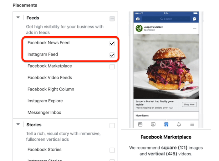 Facebook News Feed in Instagram Feed umestitve, izbrane na ravni oglasov v upravitelju oglasov Facebook