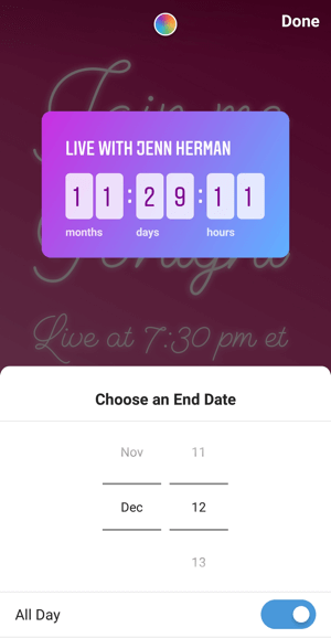 Kako uporabiti nalepko Instagram Countdown za podjetja, korak 3, končni datum odštevanja.