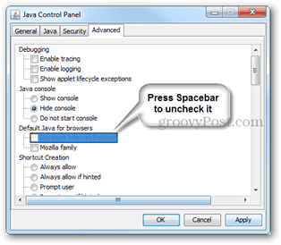 onemogoči Internet Explorer Java