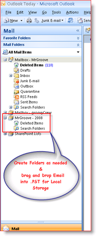 Prejeta pošta Outlook 2007, ki prikazuje .PST datoteko z osebnimi podatki v navigacijskem podoknu:: groovyPost.com