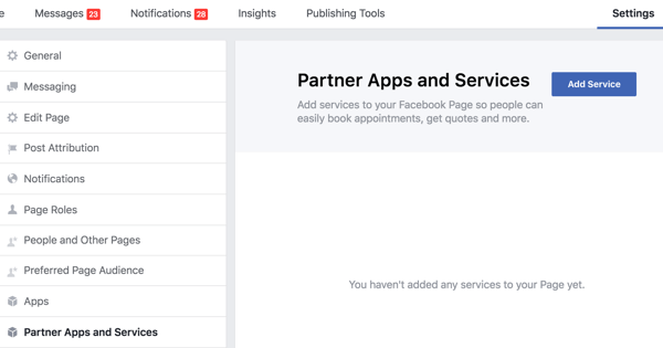 Kliknite Partnerske aplikacije in storitve v nastavitvah svoje Facebook strani.