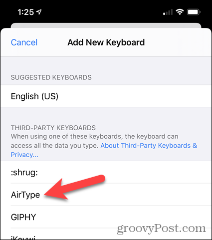 Tapnite AirType na seznamu tipkovnic drugih proizvajalcev v nastavitvah iPhone