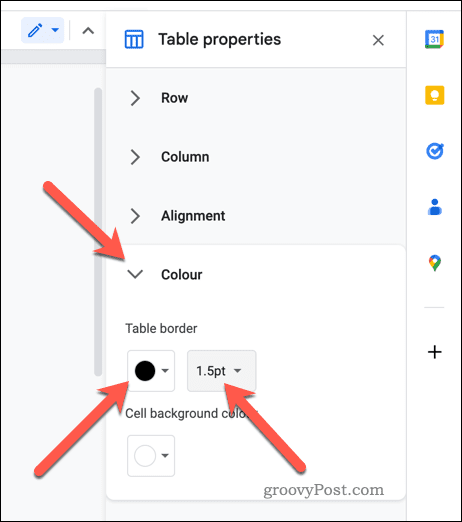 Nastavite lastnosti obrob tabele v Google Dokumentih