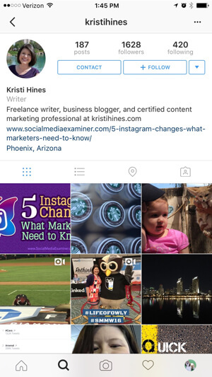 primer poslovnega profila instagrama