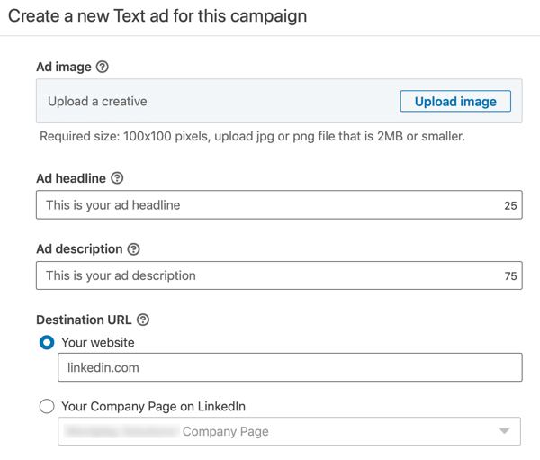 Kako ustvariti besedilni oglas LinkedIn, korak 12, nastavitve besedila oglasa