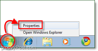 Začetek lastnosti menija v operacijskem sistemu Windows 7