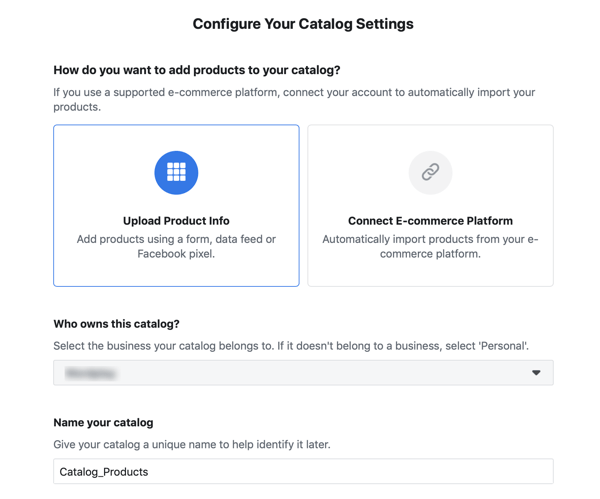 Uporabite orodje za nastavitev dogodka Facebook, korak 20, možnosti menija, da zapolnite svoj Facebook Ads katalog
