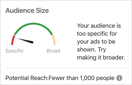 Sporočilo velikosti občinstva na Facebooku: Vaše občinstvo je preveč specifično, da bi se vaši oglasi lahko prikazovali.