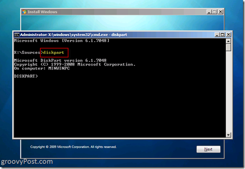 Windows 7 Native VHD Namestite dvojni zagon Diskpart 6.1.7048 iz CMD Poziv za izdelavo VHD datoteke