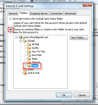 Nastavite mapo Pošlji poštno sporočilo za račun iMAP v Outlooku 2007:: Izberite mapo Trash