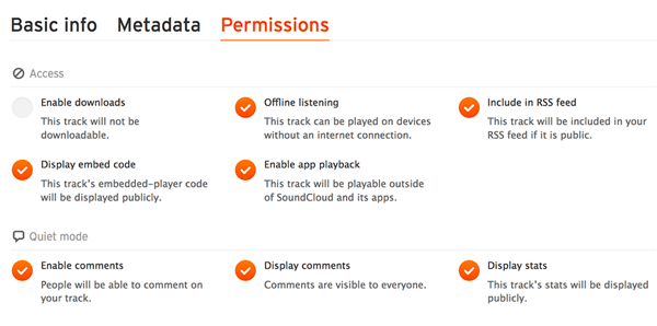 Na zavihku Dovoljenja preverite, ali je zvočna datoteka vključena v vaš RSS RSS SoundCloud.