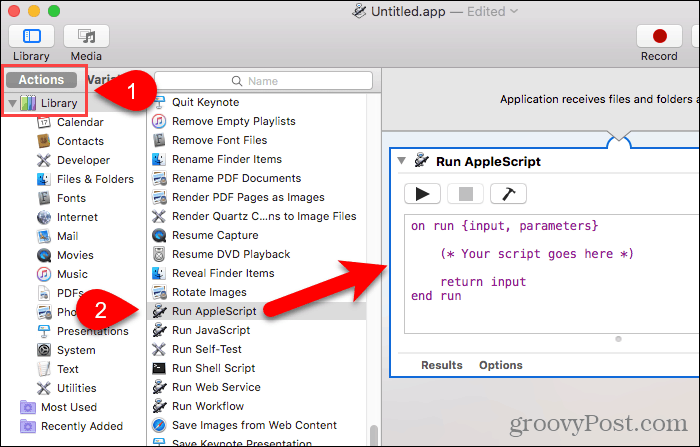 Povlecite Run AppleScript na ploščo delovnega toka v programu Automator