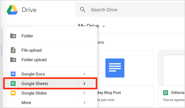 Kliknite gumb Novo na levi in ​​v spustnem meniju izberite Google Preglednice.