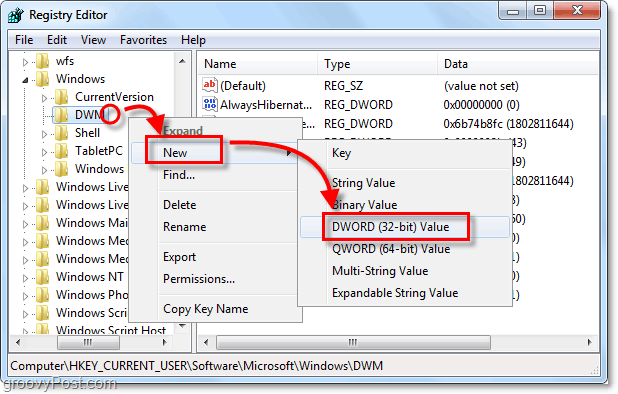 ustvarite nov ključ dwm dword v operacijskem sistemu Windows 7